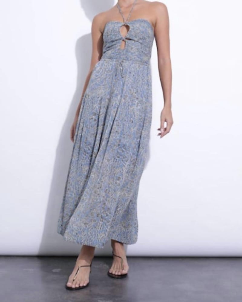 Front of a model wearing a size LG Malwa Printed Maxi Dress In Fern in Fern by Karina Grimaldi. | dia_product_style_image_id:346414